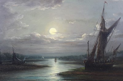 Lot 1254 - John Moore of Ipswich (1820-1902) oil on panel - shipping on the river by moonlight, signed, in gilt frame, 28cm x 45cm