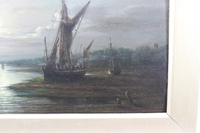 Lot 1254 - John Moore of Ipswich (1820-1902) oil on panel - shipping on the river by moonlight, signed, in gilt frame, 28cm x 45cm