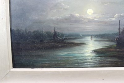 Lot 1254 - John Moore of Ipswich (1820-1902) oil on panel - shipping on the river by moonlight, signed, in gilt frame, 28cm x 45cm