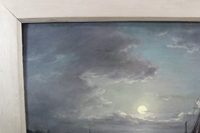 Lot 1254 - John Moore of Ipswich (1820-1902) oil on panel - shipping on the river by moonlight, signed, in gilt frame, 28cm x 45cm