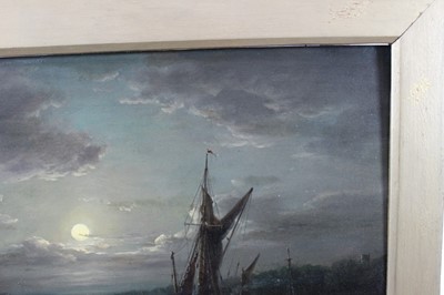 Lot 1254 - John Moore of Ipswich (1820-1902) oil on panel - shipping on the river by moonlight, signed, in gilt frame, 28cm x 45cm