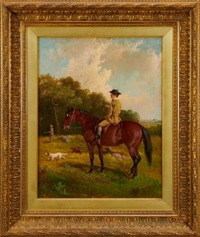 Lot 1085 - John Duvall (1816-1892) oil on canvas - a sporting scene with a young man on a bay horse with setters and shooter beyond, signed, in gilt frame, 45cm x 35cm