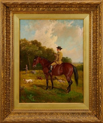 Lot 1085 - John Duvall (1816-1892) oil on canvas - a sporting scene with a young man on a bay horse with setters and shooter beyond, signed, in gilt frame, 45cm x 35cm