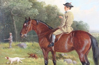 Lot 1085 - John Duvall (1816-1892) oil on canvas - a sporting scene with a young man on a bay horse with setters and shooter beyond, signed, in gilt frame, 45cm x 35cm