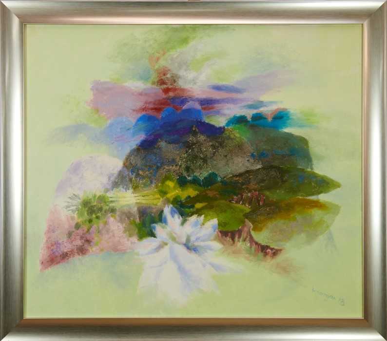 Lot 1106 - *Glyn Morgan (1926 - 2015), oil on canvas - 'Landscape with a white flower', 102cm x 120cm, framed 
 Provenance: The Glyn Morgan Studio Sale, Reeman Dansie, 26th September 2017