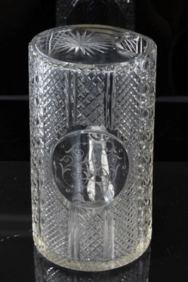 Lot 161 - Unusual 19th century cut glass invalid's cup/tankard, with etched initials on a central cartouche