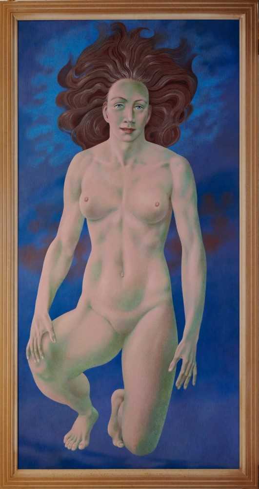Lot 1181 - Francis Plummer (1930-2019) egg tempera on board - female kneeling , initialled and dated '99, framed, 243cm x 120cm