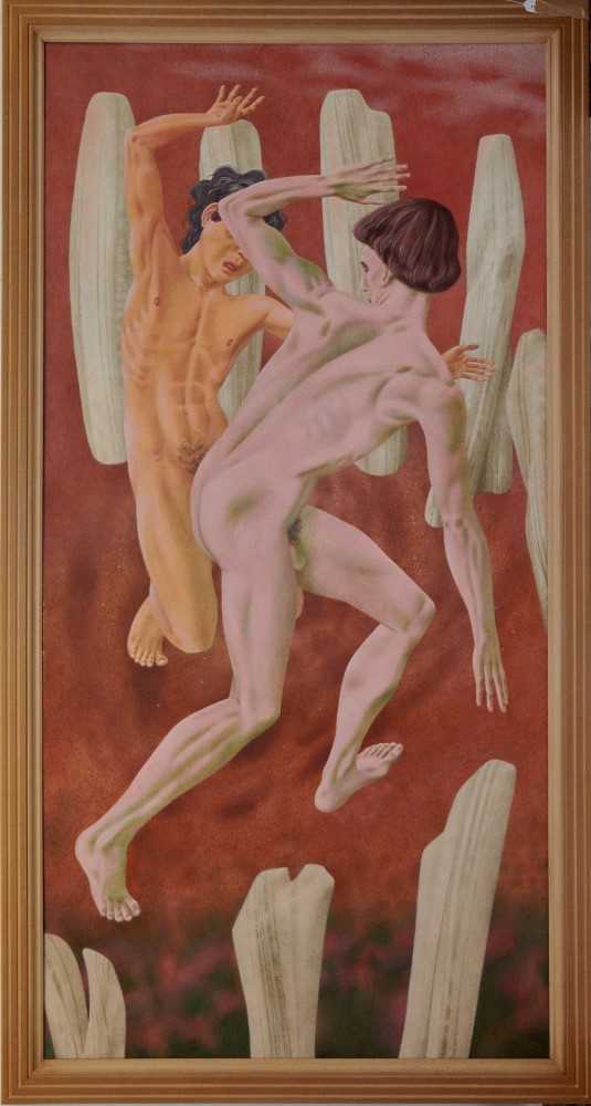 Lot 1180 - Francis Plummer (1930-2019) egg tempera on board - figures among rocks, initialled and dated '02, framed, 243cm x 120cm