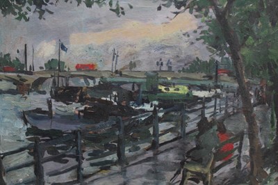 Lot 1062 - Peter Collins (1910-1994) oil on board, Putney Bridge, from Reeman Dansie Henry Collins studio sale