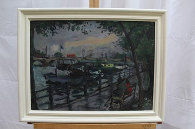 Lot 1062 - Peter Collins (1910-1994) oil on board, Putney Bridge, from Reeman Dansie Henry Collins studio sale