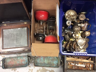 Lot 286 - Quantity metal ware, plated items, hand tools and fittings, lamps and sundries