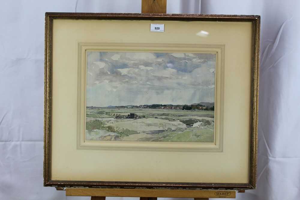 Lot 920 - *Leonard Russell Squirrell (1893-1979) watercolour - Cley, from Blakeney Marshes, Norfolk, signed and dated 1936, artists label verso, in original frame, 25.5cm x 37cm