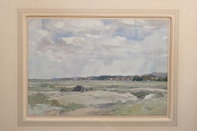 Lot 920 - *Leonard Russell Squirrell (1893-1979) watercolour - Cley, from Blakeney Marshes, Norfolk, signed and dated 1936, artists label verso, in original frame, 25.5cm x 37cm
