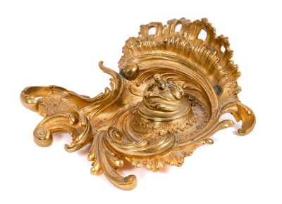Lot 261 - 19th century Continental ormolu inkwell, asymmetric Rococo form marked ‘Deraux’.
