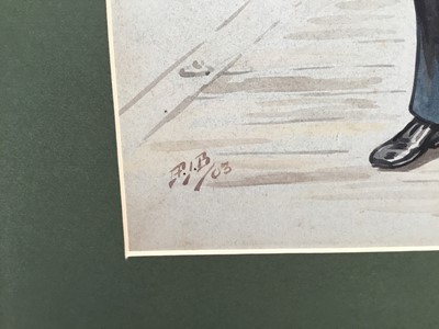 Lot 77 - An Edwardian English School watercolour illustration - portrait of a college porter, initialled P.J.B. '03, framed, 36cm x 26cm