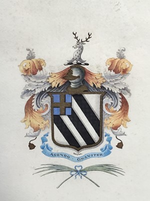 Lot 84 - An antique watercolour and gilded armorial for the Noyes family, with motto 'Agendo Gnaviter', in glazed frame, 32cm x 24cm