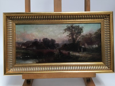 Lot 110 - Tom Seymour (1844-1904) oil on canvas laid on board - river landscape with figures near a bridge and cottage, signed, in gilt frame, 18cm x 38cm