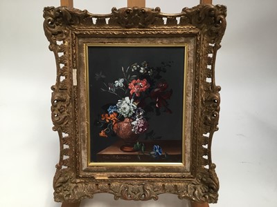 Lot 113 - F. Van Bloemart, oil on board - still life with flowers in an urn on a table, in gilt and velvet frame, 24cm x 19cm