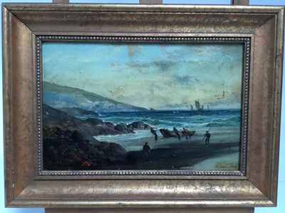 Lot 117 - English School, 19th century, oil on canvas - St. Albans Bay, Jersey, inscribed, in gilt frame, 19cm x 29cm