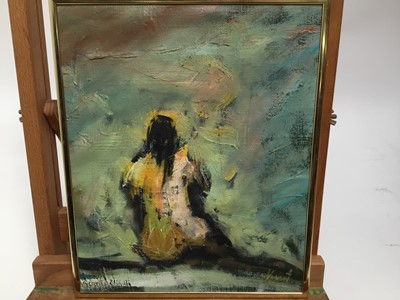 Lot 125 - Vacant Narayan Chinchwadkar (b.1934) oil on canvas - seated figure, signed, 27cm x 22cm, together with an ink and watercolour - figures, signed, in glazed frame, 28cm x 22cm (2)