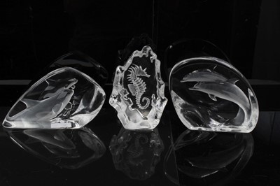 Lot 990 - Three large Mats Jonasson Swedish glass intaglio sculptures
