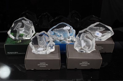 Lot 989 - Collection of five Mats Jonasson Swedish glass intaglio sculptures