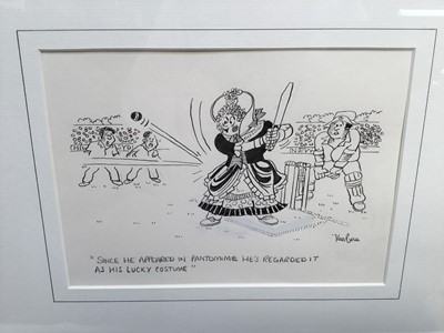 Lot 52 - Ken Pyne (b.1951) pen and ink cartoon - "Since he appeared in pantomime, he's regarded it as his lucky costume", signed and inscribed, in glazed gilt frame, 14.5cm x 20cm