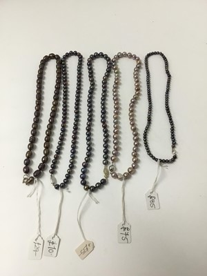 Lot 212 - Five purple/grey freshwater cultured pearl necklaces with silver clasps