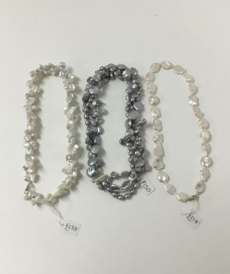 Lot 215 - Three Keshi freshwater cultured pearl necklaces with silver clasps