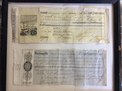 Lot 402 - Two Colombian cheques mounted in frame