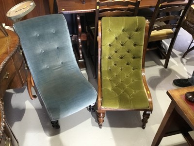 Lot 132 - Victorian walnut framed nursing with green buttoned velvet upholstery together with another similar with blue velvet upholstery (2)