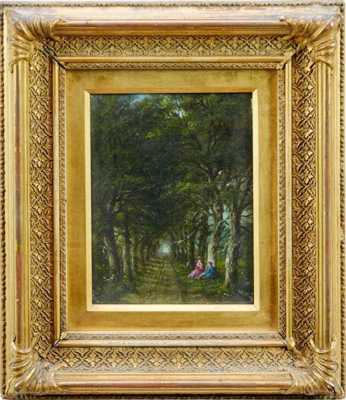 Lot 502 - Robert Burrows oil on panel, figures in a wooded lane