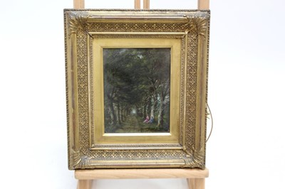 Lot 502 - Robert Burrows oil on panel, figures in a wooded lane