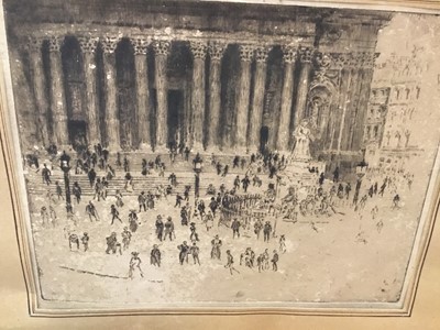 Lot 278 - Joseph Pennell etching, St Paul's, unframed together with set of four early 19th century etchings by R J Mills, two further etchings