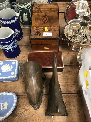 Lot 47 - Parquetry box, another box, resin trout bookends
