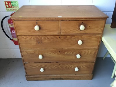 Lot 3 - Victorian pine chest of draws, comprising two short and three long draws, with ceramic bun handles