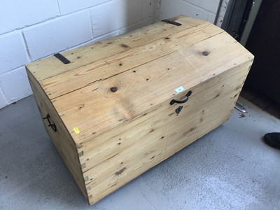 Lot 16 - Antique pine dome topped trunk, with hinged lid and iron straps and handles, 94cm width, 55cm height, 53cm depth