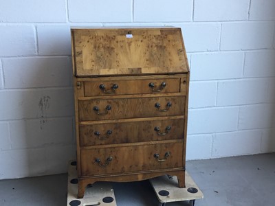 Lot 21 - Georgian style reproduction yew wood bureau with brass swan neck handles, 69cm length, 102cm height, 43cm depth