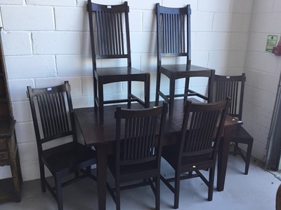 Lot 26 - Contemporary hardwood extending dining room table of planked construction together with six similar chairs, 149.5 in length (unextended), 78cm in height and 90cm in width