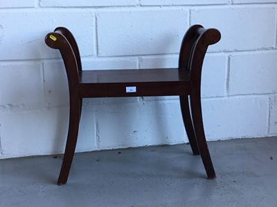 Lot 33 - Contemporary Hardwood hall seat with slatted sides and scroll arms, on sabre legs, 67cm width, 62cm in height and 31cm depth