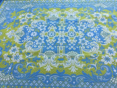 Lot 44 - Pair of large woven rugs with foliate and scroll decoration on blue and yellow ground, each 294 x 212cm