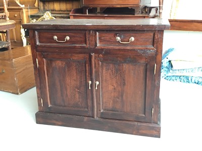 Lot 55 - Contemporary Hardwood cupboard by Lombok with two short draws above two panelled doors with shelved interior on plinth base, 100cm length, 81cm height, 50cm depth