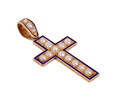 Lot 450 - Victorian gold, pearl and enamel cross pendant, tests as 15ct.