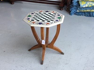 Lot 58 - Italian marble pietra dura octagonal games table with malachite and Lapis decoration, and chess board top, on folding walnut stand, 38cm wide, 43cm in height