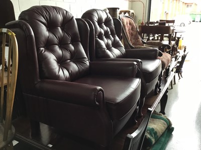 Lot 88 - Pair of Contemporary plum coloured leather arm chairs with buttoned backs on cabriole legs, 108cm in overall height
