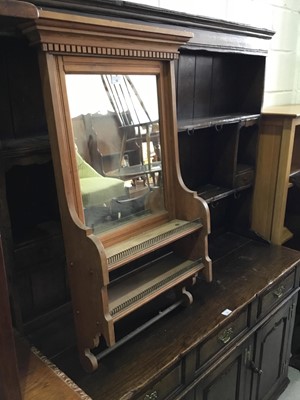 Lot 92 - Antique pine hanging mirror with dentil border and two open shelves below, 57cm in length, 97cm in height, 16cm in depth