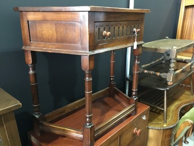 Lot 122 - Bevan Funnell oak hall table of shaped rectangular form with single draw, and turned legs joined by stretchers, 84 x 76 x 41cm