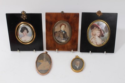 Lot 673 - English School, early 19th century miniature portrait on ivory of a young Lady, oval, in verre eglomise glazed and papier mache frame, total size 15 x 12cm, together with printed miniature after Ga...