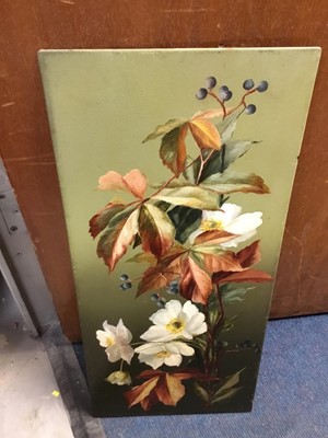 Lot 261 - Victorian floral painting on tin panel, indistinctly signed and dated 1900, 52 x 24cm