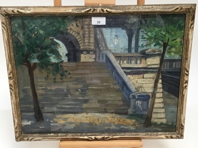 Lot 155 - English School, early 20th century, oil on canvas - Steps and bridge, possibly London 37 x 48cm, glazed frame